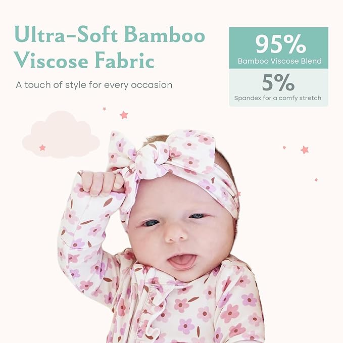 Caden Lane Baby Headwrap with Knotted Bow, Soft & Stretchy Bamboo Viscose, Comfortable Infant Hairband for Newborn & Toddler Girls, Ideal Gift for Baby Shower & Milestone Celebration, Blushing Blooms