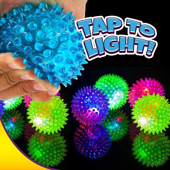 JA-RU Light Up Spiky Balls for Kids (12 Pack) – Light Up Bouncy Balls, Spiky Fidget Toys, Sensory Bin Filler, Stress Relief Toy, Bulk Party Favors – 695-12p