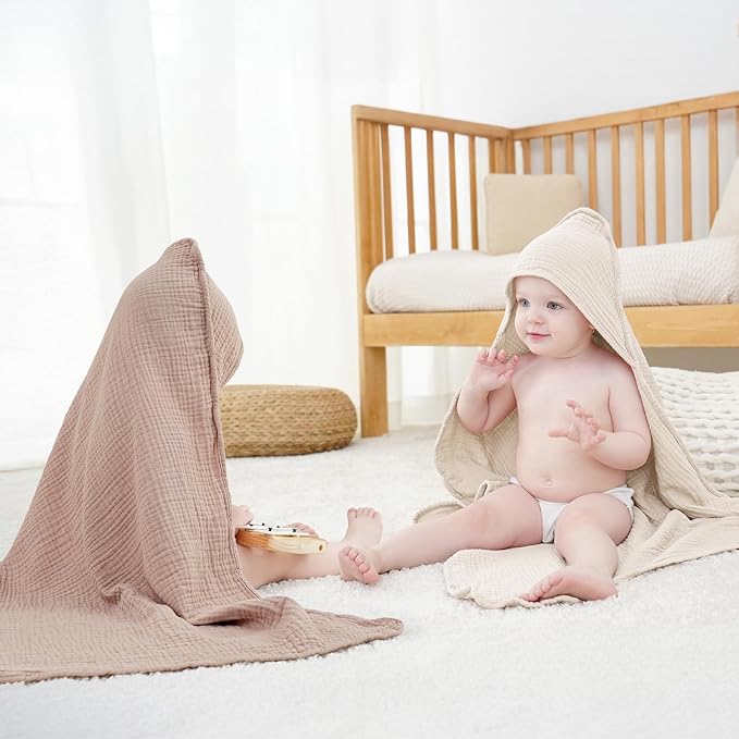 Susurration 2 Pack Thick Muslin Baby Towels, 100% Cotton Soft and Absorbent Baby Bath Hooded Towel for Newborn, Infant, Girls, Boys, Baby Essentials