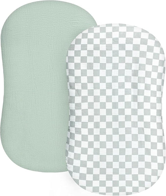 DILIMI Baby Lounger Covers, 2 Pack Muslin Newborn Lounger Cover, Soft Comfortable Removable Infant Pillow Slipcover for Girl and Boy, Green Checkered (Lounger not Included)