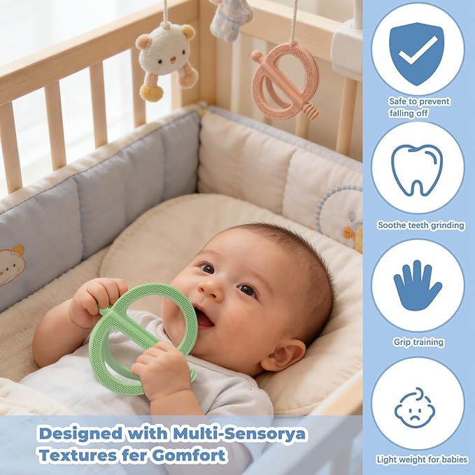 2 Pack Get-A-Grip Baby Teether Toy, No-Drop Sensory Teether with Easy Grasp for Babies 6-12 Months, Silicone Food-Grade Teething Mittens for Infant Chew Toys & Teething Relief(Green&Khaki)