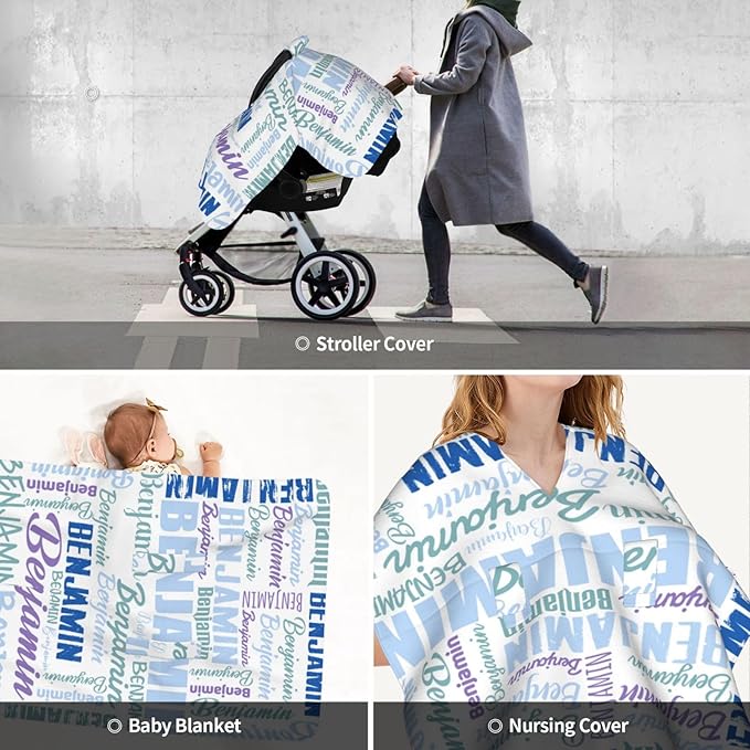 Personalized Baby Car Seat Canopy for Babies, Custom Name Baby Car Seats Covers for Boys Girls, Opening Minky Nursing Breastfeeding Cover for Infant, Carseat Canopies for Newborn (White)