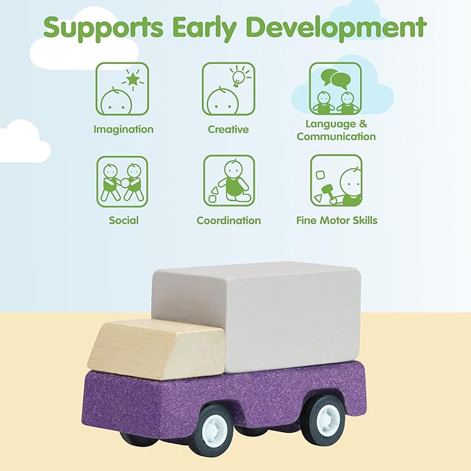 PlanToys® Purple Delivery Truck Wooden Montessori Vehicle Toy | Early Movement, Imagination and Practical Life Exploration | Eco Friendly Truck for Indoor and Outdoor Play