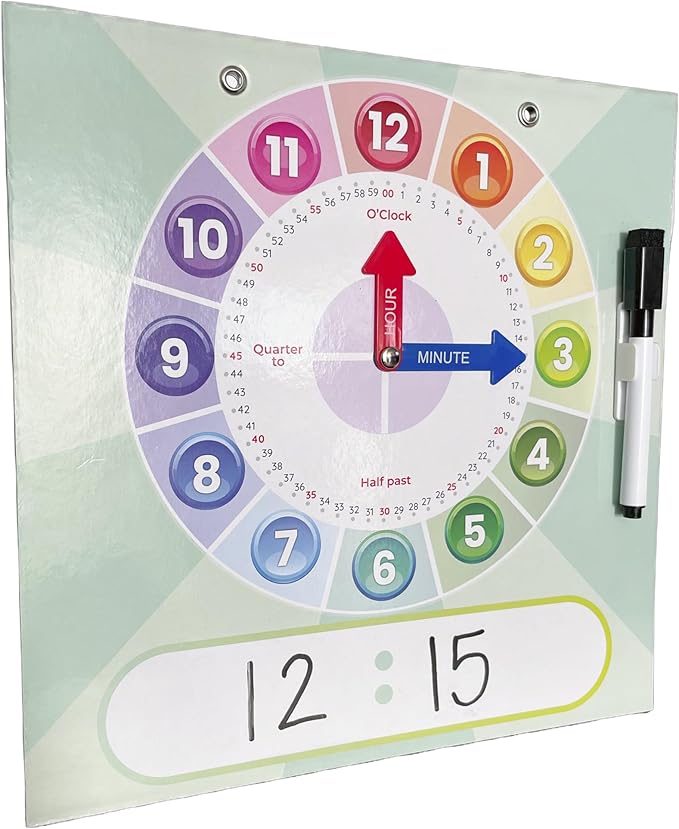 Kids Teaching Clock with Moveable Arms, Dry Erase Surface, Magnetic Hanging Strips, Educational Learning Tool for Time-Telling Skills. Perfect for Classrooms and Homes