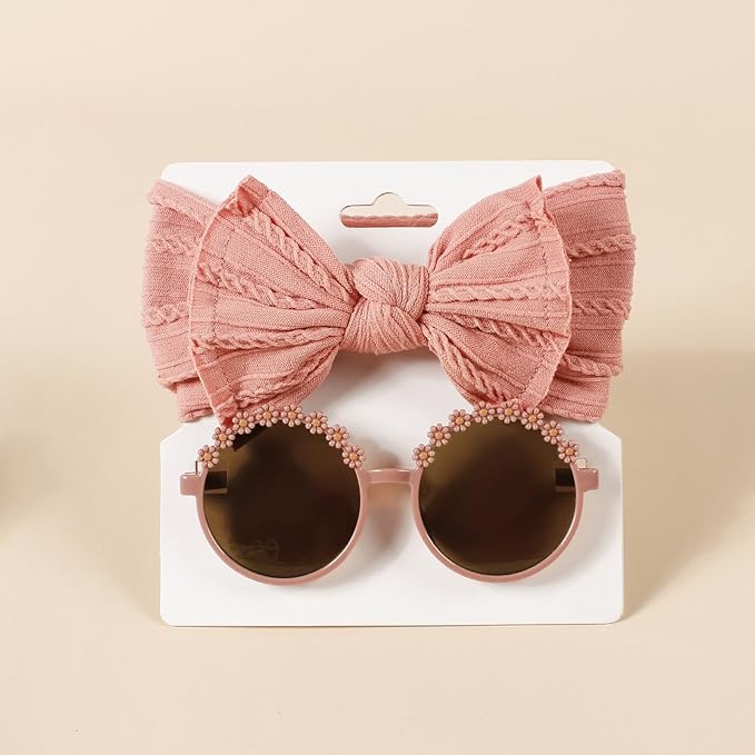 Baby Girls Soft Bows Headband and Daisy Flower Sunglasses Set Hair Bow Headwrap Hair Accessories for Toddler Infant