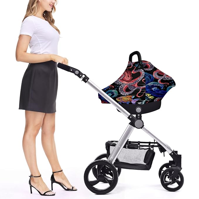 Baby Car Seat Stroller Covers Ocean Octopus Waves Fish Nursing Cover Breastfeeding Scarf Soft Breathable Stretchy Infant Car Canopy Coverage Carseat Cover for Boys and Girls Multi Use