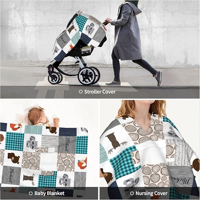 Personalized Little Animals Theme Baby Car Seat Canopy for Baby with Name, Custom Light Weight Minky Covers for Baby Boy Girl, Nursing Breastfeeding Stroller Cover Canopies for Newborn