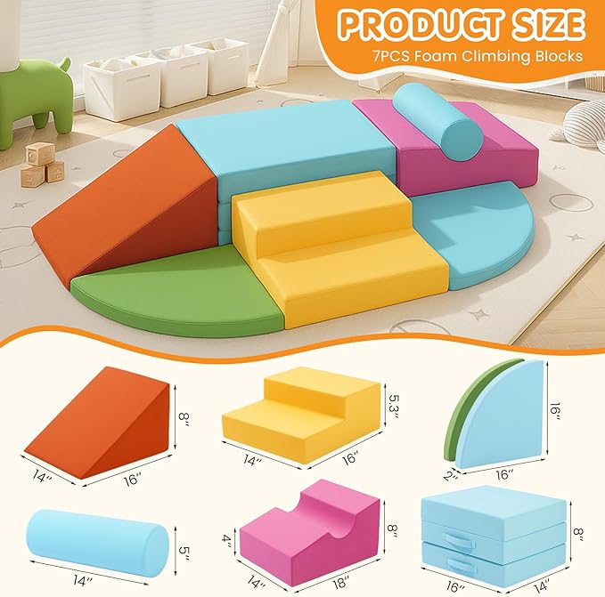 7PCS Climbing Toys for Toddlers 1-3 Inside, Foam Baby Climbing Blocks Soft Play Set for Toddlers 1-3, Corner Toddler Climbing Toys Indoor Baby Climbing Gym for Toddler Climbing Crawling and Sliding
