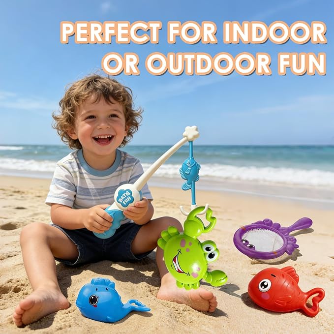 Baby Bath Toy for Toddlers, Fishing Game Bath Toy with 3 Floating Sea Animals, Fishing Pole & Fishing Net, Fun Bathtub Games for Kids Ages 18 Months+