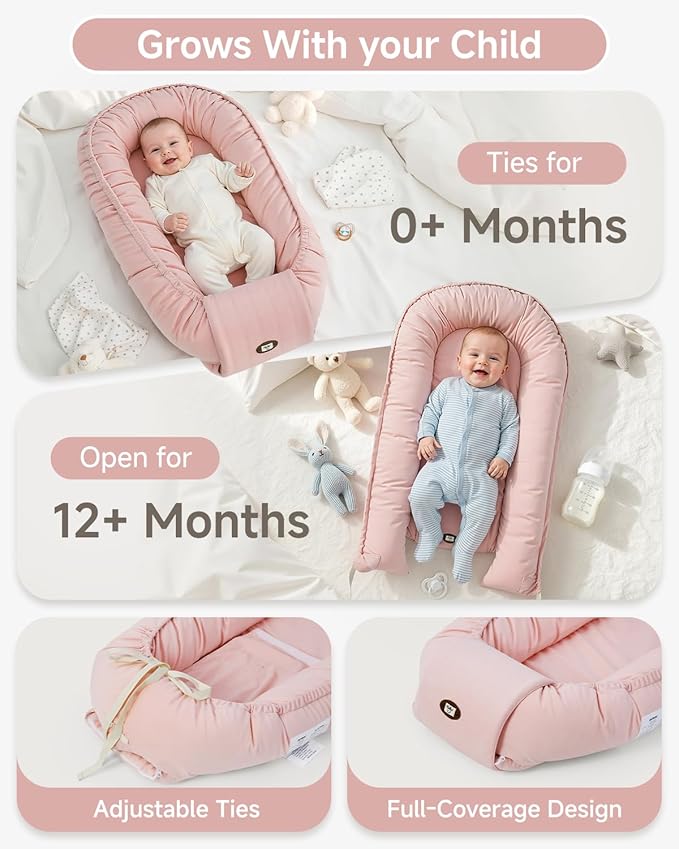 Baby Lounger, Adjustable Baby Lounger for Newborn 0-24 Months, Breathable & Soft Infant Lounger,Tummy Time Lounger for Home and Travel,Baby Girls & Boys Babies Stuff, Mother's Day Gift for Her, Pink
