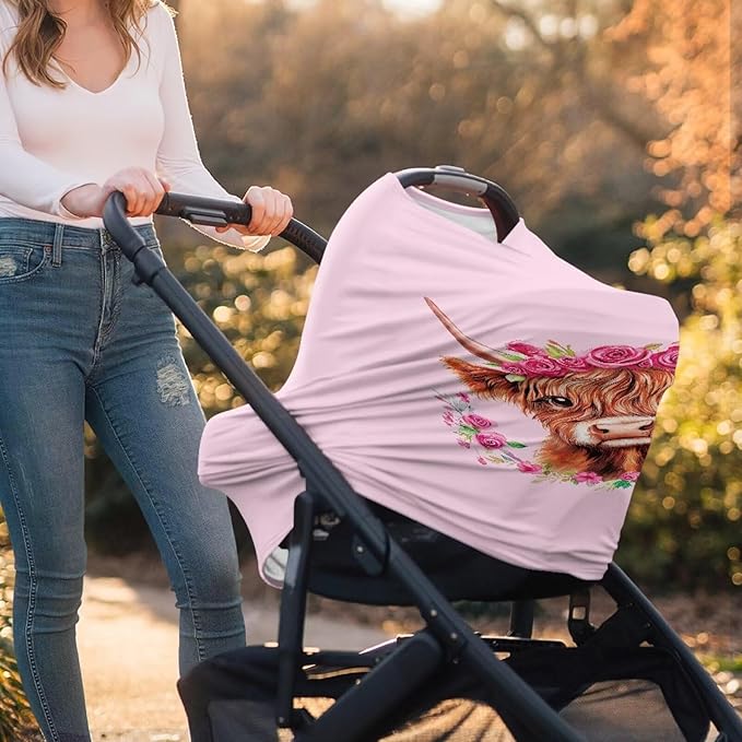 Wanyint Baby Car Seat Cover Stretchy Carseat Canopy Baby Breastfeeding Stroller High Chair Shopping Cart Cover Infant Nursing Scarf for Valentine's Day, Highland Cow Rose Floral