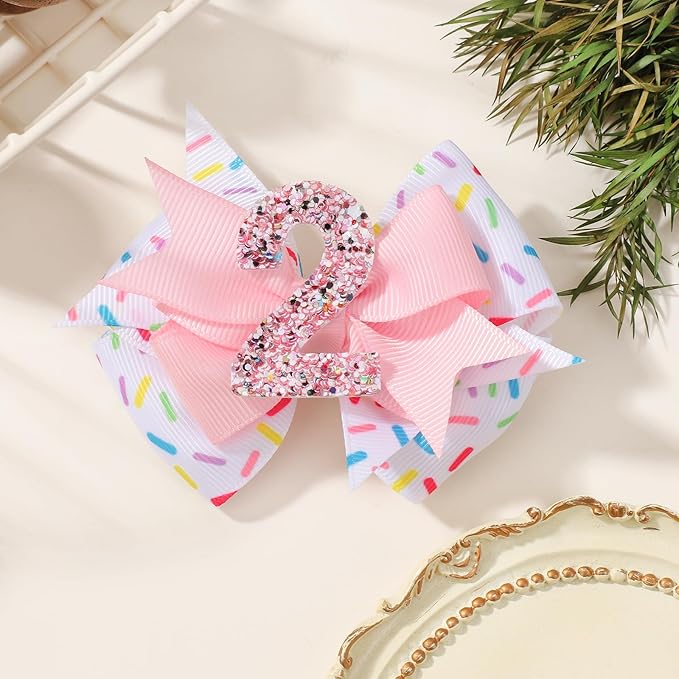 Birthday Hair Bow Hair Clips for Girls 1 2 3 4 5 6 Years, Baby Girl Accessories Bow Birthday Decorations, Pink Baby Girls Ice Cream Hair Bows Clips for 2nd