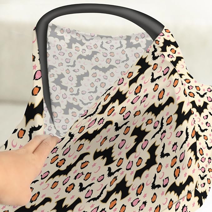 Halloween Bats Leopard Baby Car Seat Covers Pink Orange Spooky Bats Moon Stars Stretchy 5-in-1 Cover Adjustable Infant Carseat Canopy Cover Halloween Night Breathable Nursing Cover-Up