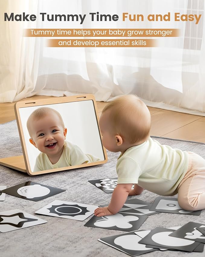Tummy Time Mirror for Baby Montessori Baby Floor Mirror with High Contrast Black and White Cards Infant Safe Mirror Toy for Newborn