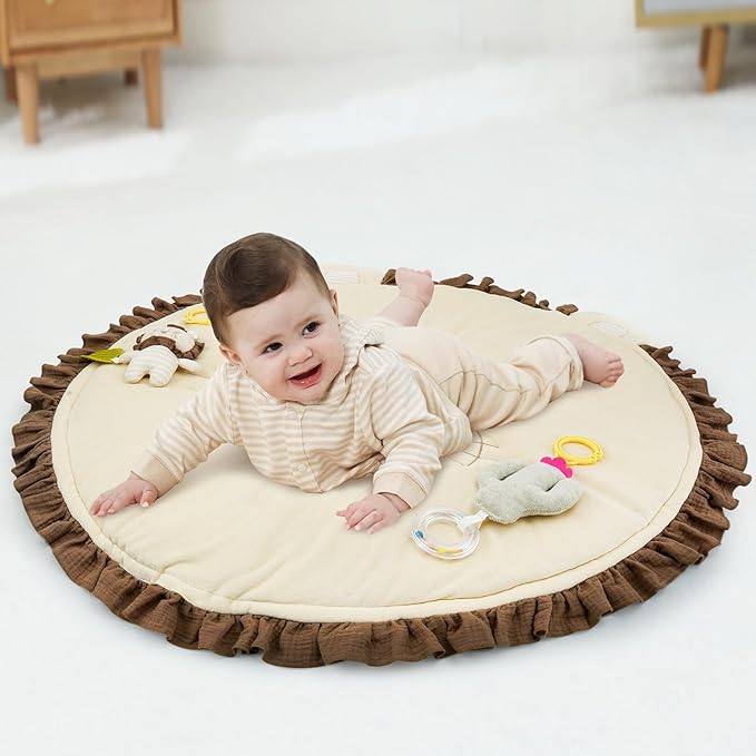 4-in-1 Wooden Baby Play Gym & Activity Mat, Soft Cotton Tummy Time Mat for Babies 0+,with 3 Detachable Toys for Sensory & Motor Skill Development,Newborn Infant Baby Essentials Gift,Light Brown-Lion