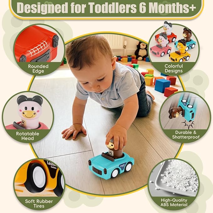 Press to Go Car Toy for 1-3 Year Old Toddler,Animal Push Cars Friction Powered,No Batteries Required, BPA-Free,Easy Clean,Indoor Outdoor Toy for 6-9-12-18 Month,Birthday Gift for 1-2 Boy Girl