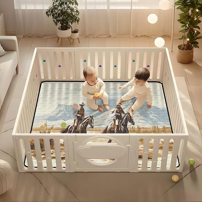Western Cowboys Baby Play Mat for Floor 50" X 50" Foldable Waterproof Non-Slip Playmat for Baby Playpen Quilted Crawling Mats Game Rug