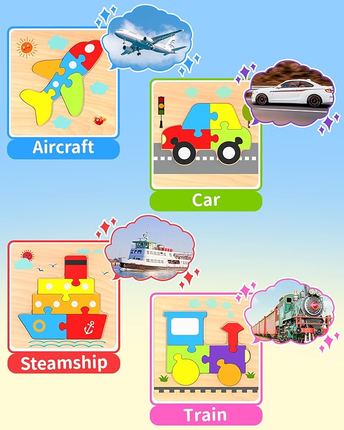Wooden Puzzles Toddler Toys for Boys Girls, 4 Vehicle Shape Learning Educational Blocks Birthday Gifts Sensory Toy Montessori Toys