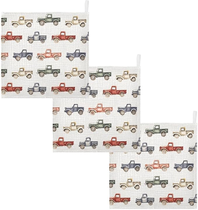 vvfelixl Baby Muslin Washcloths Vintage Trucks Jeeps Baby Burp Cloths Cotton Babys Face Towel for Newborn Infants Boys Girls Soft and Absorbent 11.8 X 11.8 in, 3 Pack