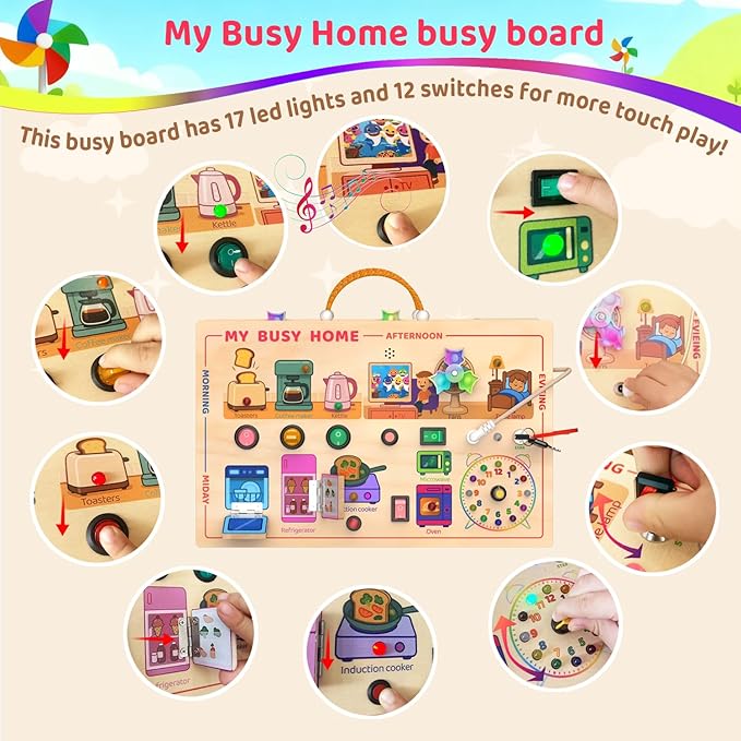 UdoUto My Busy Home Montessori Busy Board for Toddlers 1-3 - Wooden Sensory Activity Board with Kitchen Appliances, Switches, Clock | Educational Fine Motor Skill Toy for 1+ Year Old Boys Girls