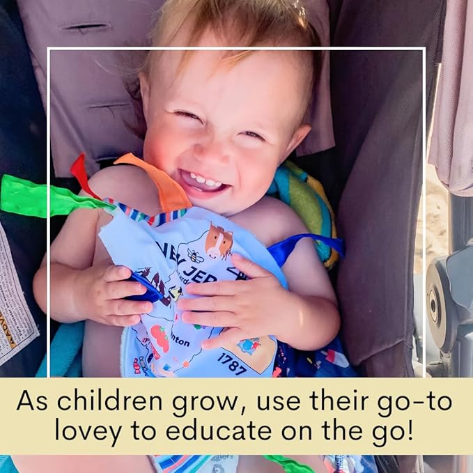 Baby Jack & Co 8x8” Learning Lovey New Jersey State Tag Stroller Toy for Babies - Crinkle Toys for Developing Five Senses - Learn About Capitals - Travel with Baby Jack - BPA Free Clip