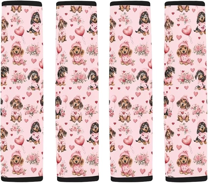 UNICEU Pink Love Hearts Dachshund Dog Seat Belt Cover Pad 2 Pack Soft Car Seat Belt Shoulder Strap Universal Fit SUV Trick Sedan