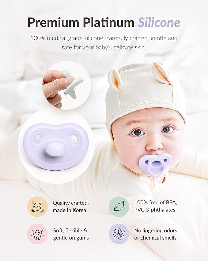 Moyuum Silicone Macaron Pacifier | Made in Korea, BPA Free One-Piece Design Baby Soother, Soft Orthodontic Shape with Air Holes, 2 Pack with Travel Case, Newborn 0-3 Months (Mango+Blue, Stage 1)