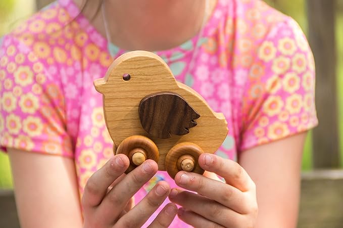 Wooden Chicken Toy Car – Easter Basket Gift for Toddlers & Kids, Handmade Wooden Push Toy, Natural Wood Farm Animal Toy
