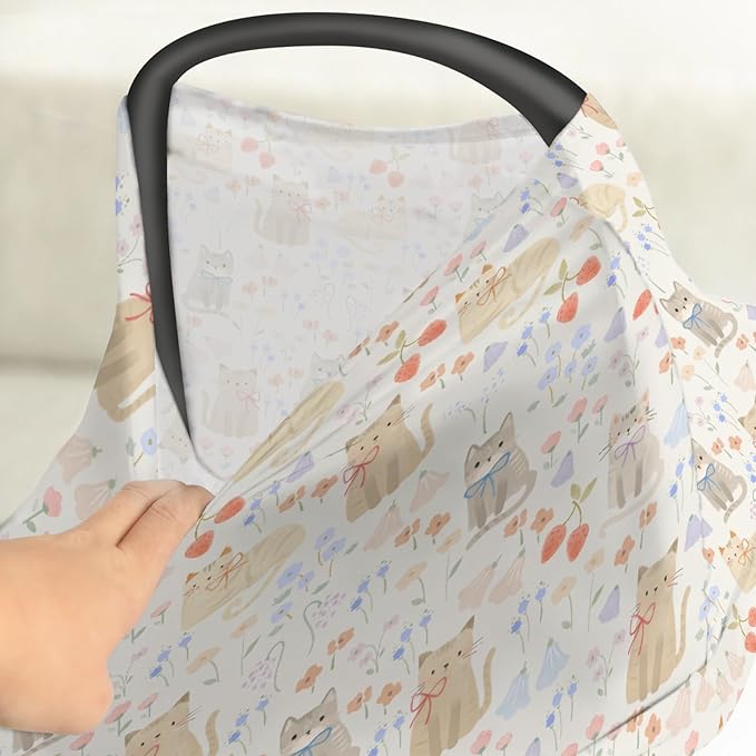 Boho Cats Bows Strawberries Flowers Car Seat Cover for Babies Cute Kittens Meadow Floral Stretchy 5-in-1 Cover Adjustable Car Canopy Cover Cat Lovers Gift Breathable Nursing Cover-Up