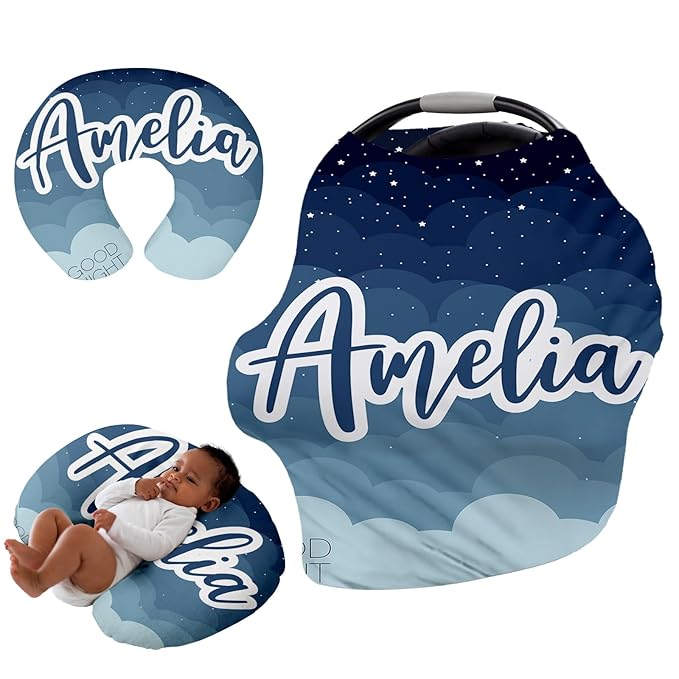 Custom Name Car Seat Canopy - Baby Car Seat Covers, Infant Stroller Cover, Haze Blue Star Carseat Canopy Christmas Birthday Gifts for Girls and Boys