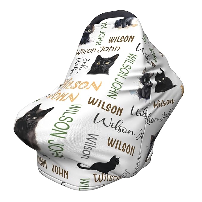 Personalized Car Seat Covers with Name, Cat Baby Canopy Carrier Cover, Breathable Breastfeeding Nursing Cover, Stretchy Multi-Use Infant Carseat Stroller Cover