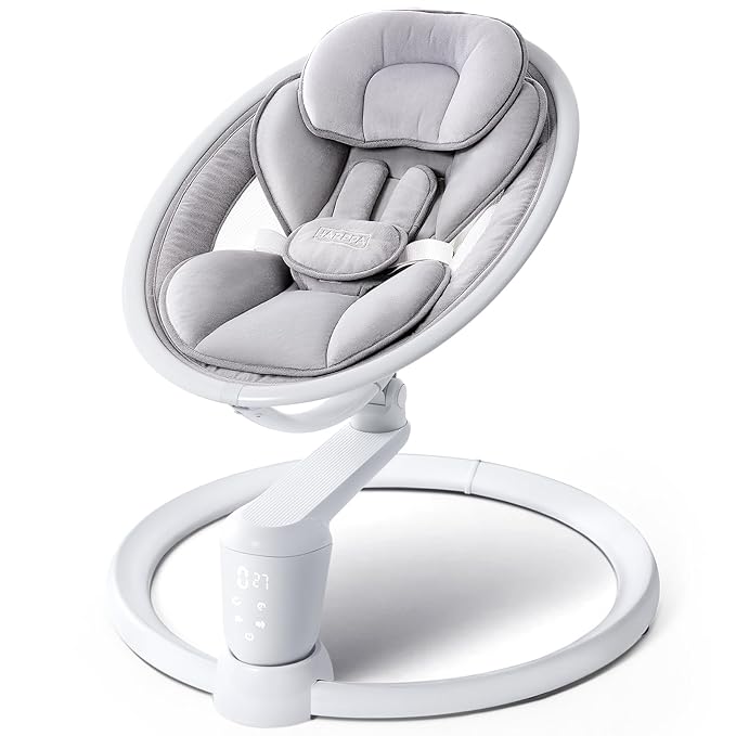 HARPPA Weddell Plus Electric Baby Swings for Infants and Newborns, Eye-Level Baby Swing 5 Speeds and Remote Control 10 Built-in Melodies, 2 Seat Positions & 180° Rotation for Indoor Use, Dove Gray