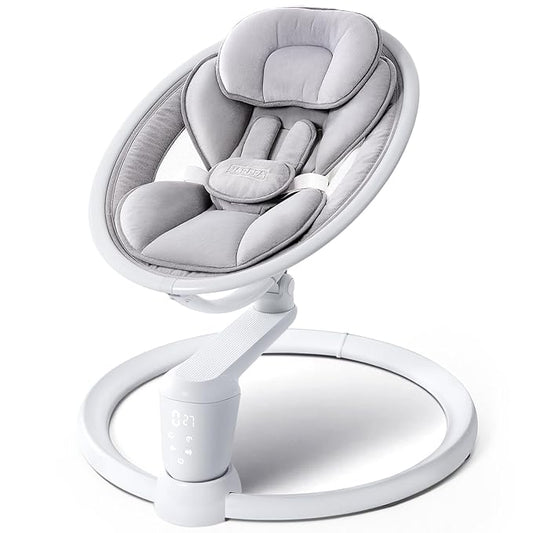 HARPPA Weddell Plus Electric Baby Swings for Infants and Newborns, Eye-Level Baby Swing 5 Speeds and Remote Control 10 Built-in Melodies, 2 Seat Positions & 180° Rotation for Indoor Use, Dove Gray