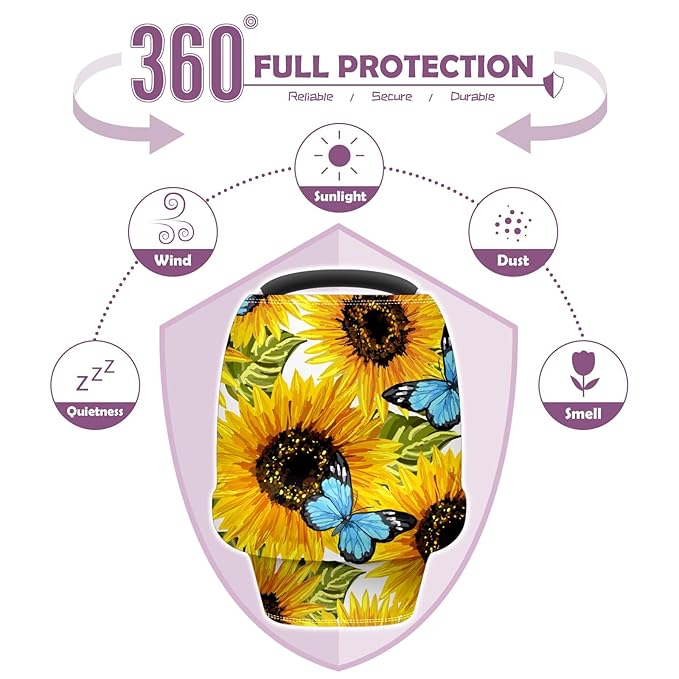 Baby Car Seat Stroller Covers Sunflower and Butterfly Nursing Cover Breastfeeding Scarf Soft Breathable Stretchy Infant Car Canopy Coverage Carseat Cover for Boys and Girls Multi Use