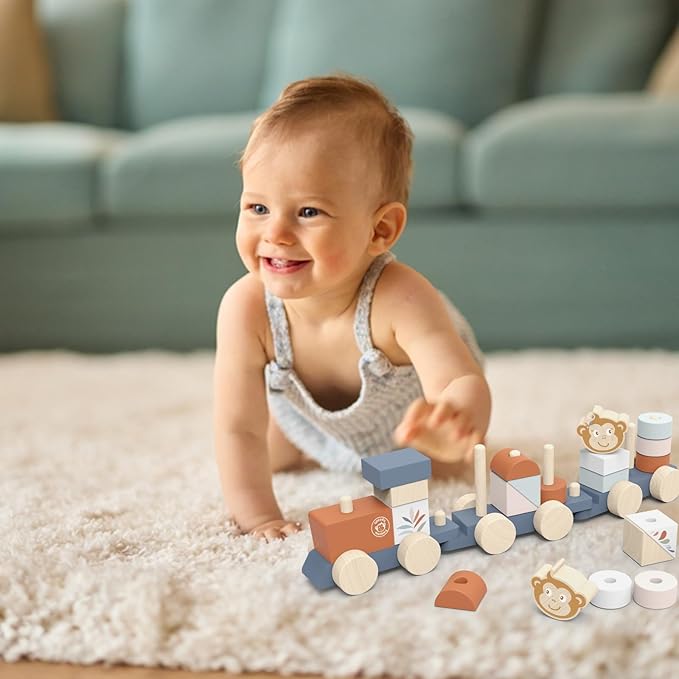 Speedy Monkey Wooden Pull-Along Train Stacker – Soft Colors, Monkey Character, Stacking Blocks, Build Houses | Non-Toxic Paint, Creative Fun, Ideal for Kids, Educational Toy for Toddlers