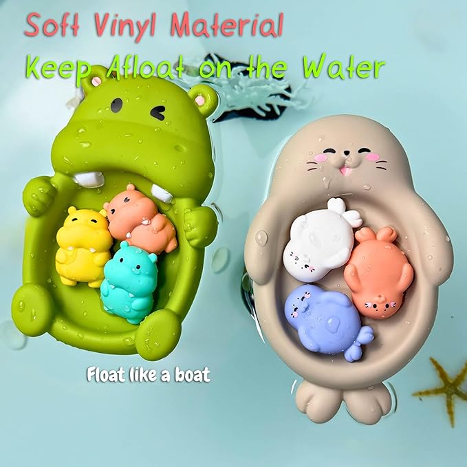 Seal Family Bath Adventure Set, 1 Mother Seal and 3 Baby Seals, Soft Vinyl Material, One-Piece No Hole Design (Seal)