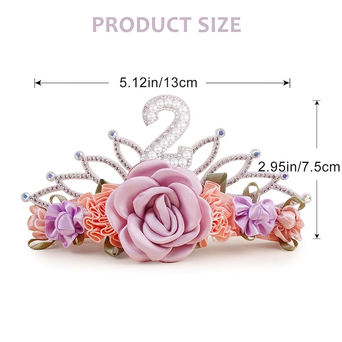 cherrboll Flower Headband Birthday Crown for Girl, Floral Nylon Hairband for 1-3 Years Old Toddler, 2nd Birthday Party Dress Photo Decoration Hair Accessory