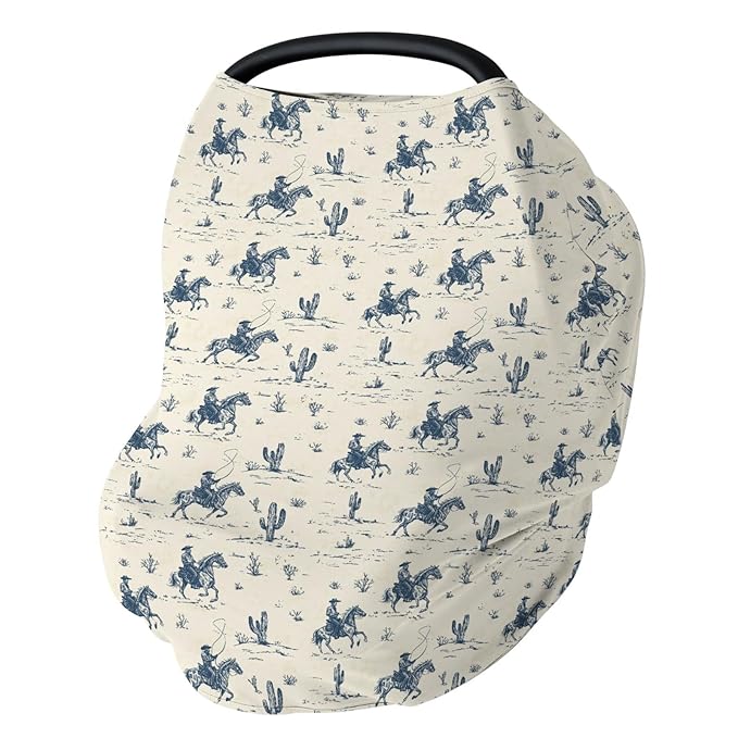 Vintage Western Cowboy Baby Car Seat Covers Retro Cowboy Cactus Horse Stretchy 5-in-1 Cover Adjustable Infant Carseat Canopy Cover Wild Desert Country Breathable Nursing Cover-Up
