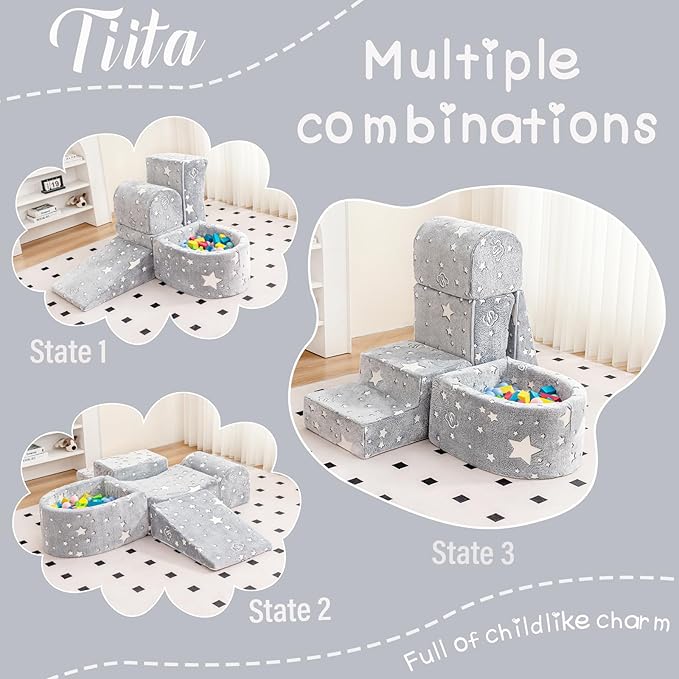 Tiita Baby Climb and Crawl Playset 5-Piece, Kids Foam Climbing Block with Small Ball Pit - Indoor Soft Play Climber for Playtime Fun, Grey Star