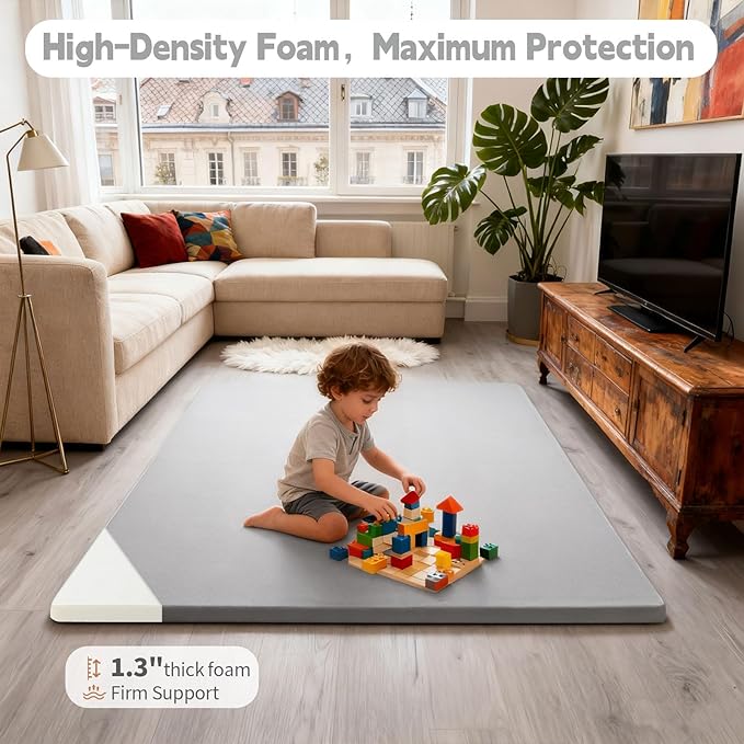 PU Leather Baby Play Mat for Floor, 47"×47" Playpen Mat, 1.3" Thick Elasti-Foam, Non-Slip Crawling Mat for Tummy Time, Waterproof & Wipe-Clean Playmat for Toddler,Infant, Kids (Grey）