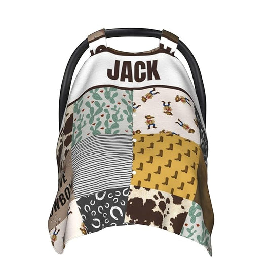 Personalized Baby Car Seat Canopy for Babies with Name, Custom Cowboy Style Car Seat Covers for Boys, Opening Minky Nursing Breastfeeding Stroller Cover Carseat Canopies for Infant Newborn