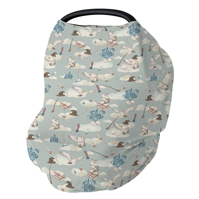 Vintage Wizard Owls Car Seat Cover for Babies Watercolor Witch Hat Books Castle Clouds Stretchy 5-in-1 Cover Adjustable Infant Carseat Canopy Cover Magics Wizard Universe Breathable Nursing Cover-Up