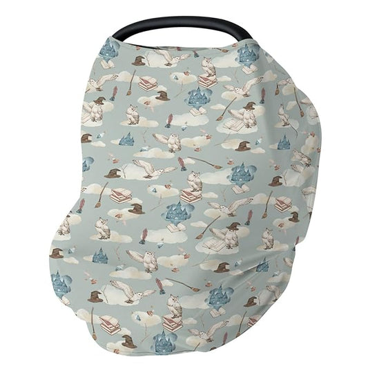 Vintage Wizard Owls Car Seat Cover for Babies Watercolor Witch Hat Books Castle Clouds Stretchy 5-in-1 Cover Adjustable Infant Carseat Canopy Cover Magics Wizard Universe Breathable Nursing Cover-Up