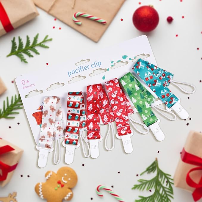 Baby Pacifier Clip,Paci Leash Binky Clips for Baby Boys and Girls,Newborn Essentials,Pack of 6 Gift Set. (Christmas)