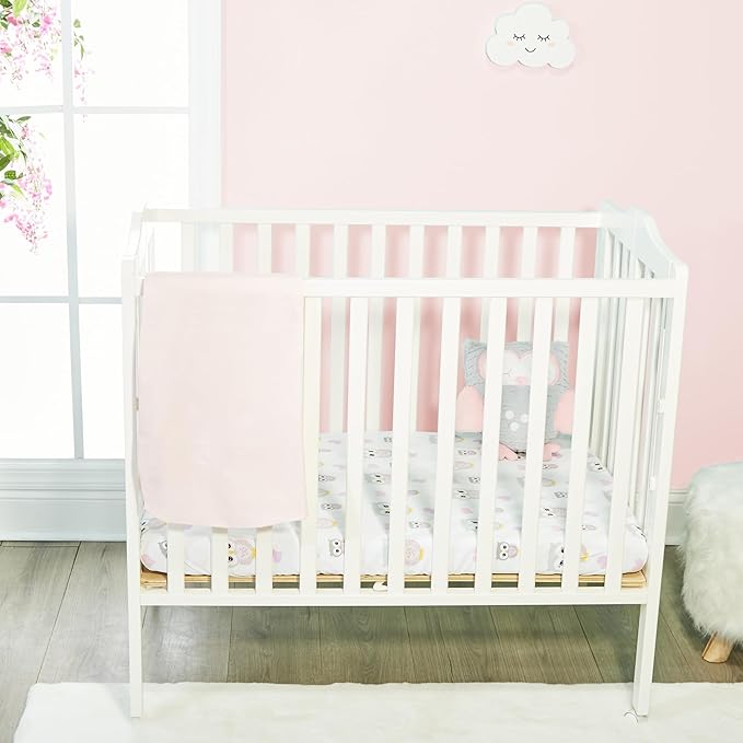 2 Pack n Play Mattress Sheets – 100% Percale Weave Cotton Soft Portable Crib Mattress Sheets for Girls with Owls/Hearts and Solid Pink Design; 2 Pc Playpen Mattress or Mini Crib Sheet Fitted Set