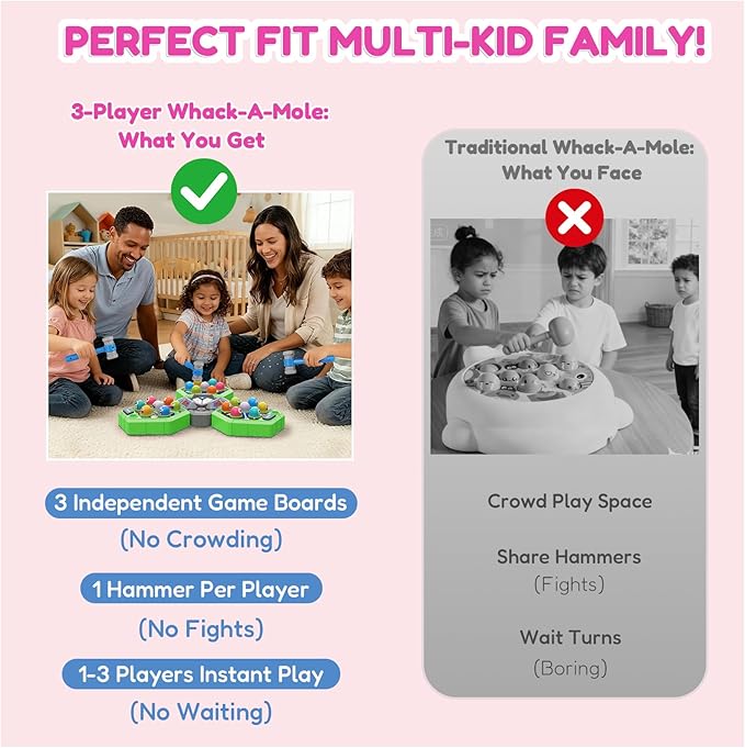 TooLion 3-Player Whack Game Mole for Kids 3-12 Boys Girls - 3 Independent Game Boards,3 Modes with Sound & Light,Safe Educational Pounding Toy,Christmas Birthday Gift for Multi-Kid Families,Green