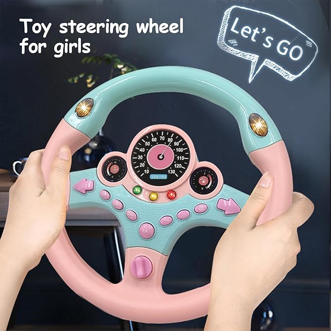 Toy Steering Wheel for Kids with Light and Music,Simulated Driving Toys Gift for Toddlers 3+ (Pink)