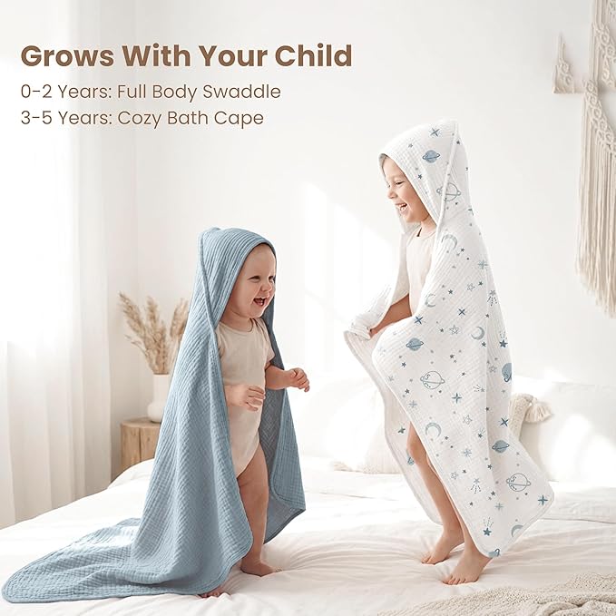 Konssy 2-Pack Muslin Hooded Baby Towels, 100% Cotton, Ultra-Soft & Absorbent Baby Bath Towels with Hood for Newborn & Infant (Blue, Star,32" x 32")