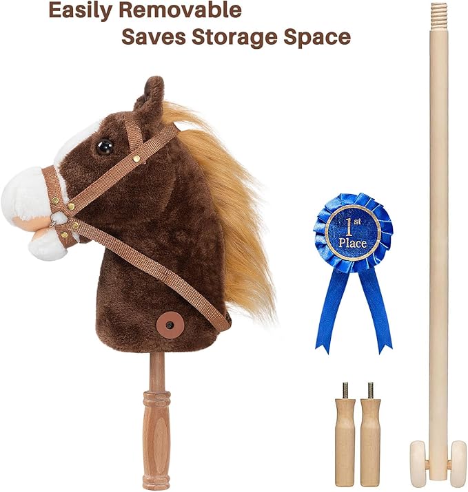 HollyHOME Stick Horse Plush with Detachable Blue Ribbon Champion Hobby Horse on Stick with Wood Wheels Real Pony Neighing for Kids Toddlers Chocolate 36 Inches(AA Batteries Required)