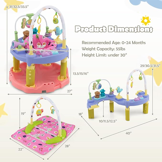 HOMGX Baby Bouncer Activity Center, 3 in 1 Baby Jumper Center & Infant Playtime Mat & Activity Table w/Baby Toys, 3 Adjustable Heights & 360° Rotatable Seat, Activity Center for Toddlers (Pink)